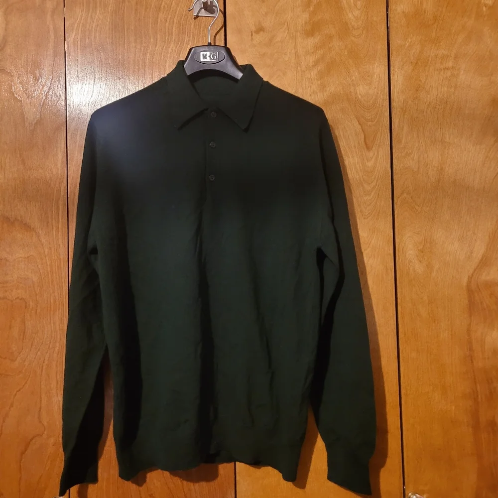 Vtg Gieves Hawkes Collared Sweater Mens Large Pure Wool Pullover Green Black 2pc